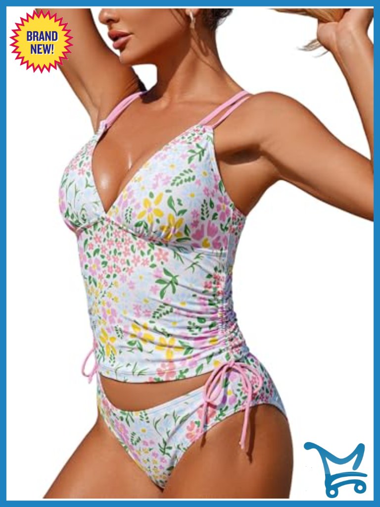 Tummy Control Tankini Set V-Neck Spaghetti Strap Two Piece Swim